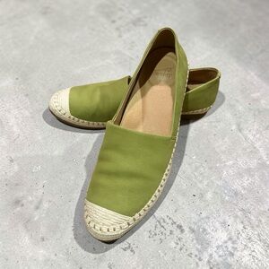 Dansko Lime Green Leather Espadrille Flats with Cream Toe